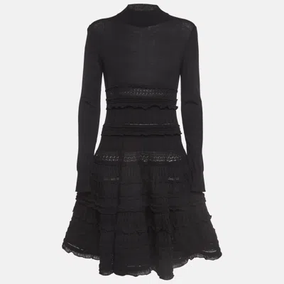 Pre-owned Alaïa Black Wool Patterned Knit High Neck Short Dress L