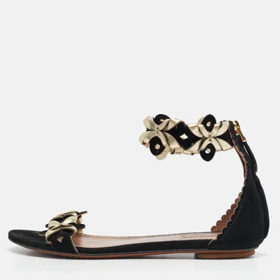 Pre-owned Alaïa Black/gold Leather And Suede Ankle Strap Flat Sandals Size 37