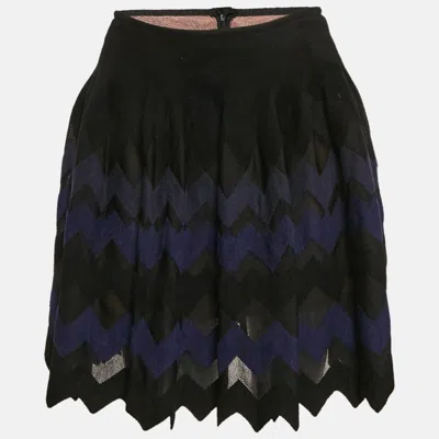 Pre-owned Alaïa Black/navy Blue Chevron Pattern Silk Blend Knit Mini Skirt M