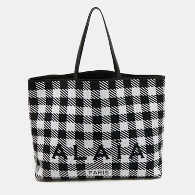 Pre-owned Alaïa Black/white Checkered Logo Jacquard Knit Fabric Large Tote