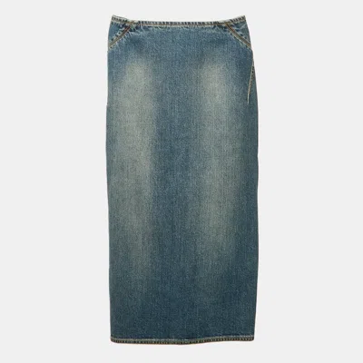 Pre-owned Alaïa Blue Faded Denim Pencil Skirt Xs Waist 23"