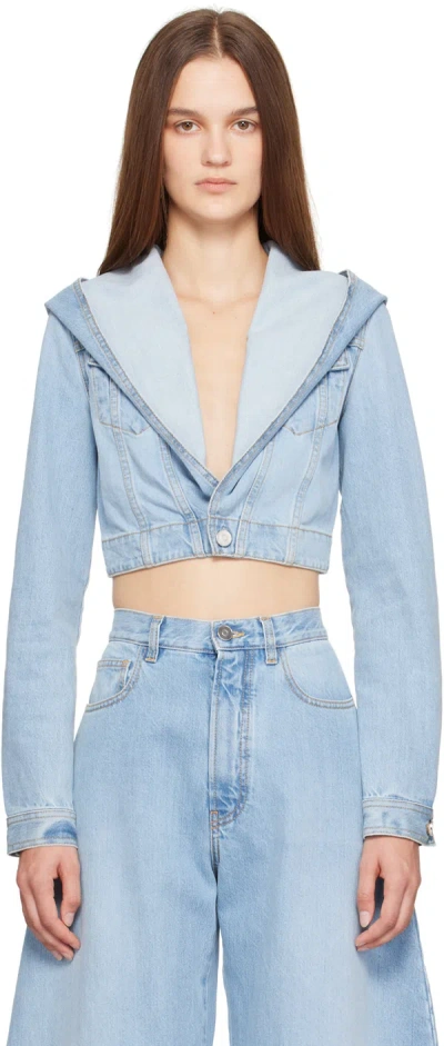 ALAÏA BLUE HOODED CROPPED DENIM JACKET