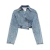 Alaïa Wrap Denim Cropped Asymmetric Jacket In Blue