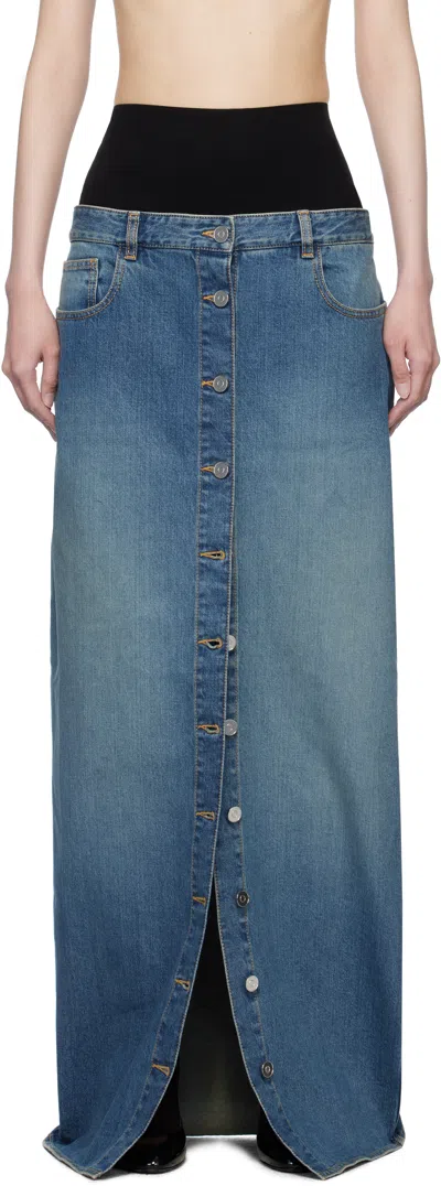 ALAÏA BLUE KNITTED WAISTBAND DENIM MAXI SKIRT