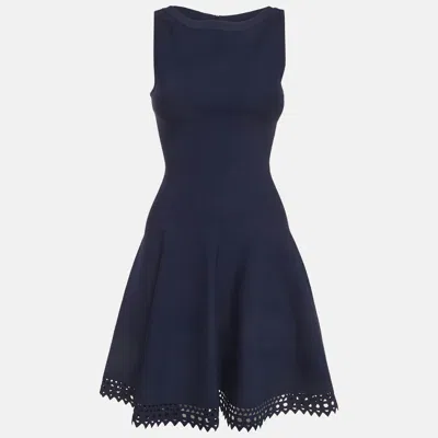 Pre-owned Alaïa Blue Stretch Knit Flared Cut-out Mini Dress S
