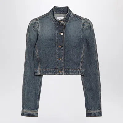 ALAÏA BLUE WASHED DENIM HIGH-NECK JACKET
