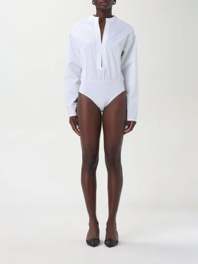 Alaïa Womens Long-sleeved Round-neck Cotton Bodysuit Blanc In Beige