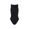 Alaïa Ribbed Texture High Neckline Sleeveless Thong Cut In Black