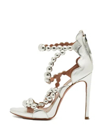 Pre-owned Alaïa Bombe Stappy Leather Sandals In Silver