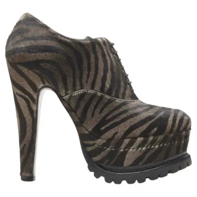 Pre-owned Alaïa Alaia Brown Black Zebra Stripe Fur Leather Truck Sole Ankle Bootie Eu36.5
