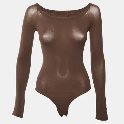 Pre-owned Alaïa Brown Knit Second-skin Off-shoulder Bodysuit S