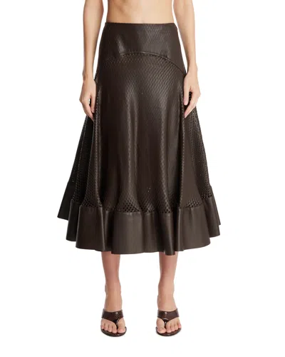 ALAÏA BROWN PERFORATED LEATHER FLARED SKIRT
