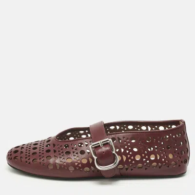 Pre-owned Alaïa Burgundy Fishnet Laser Cut Leather Ballet Flats Size 37.5
