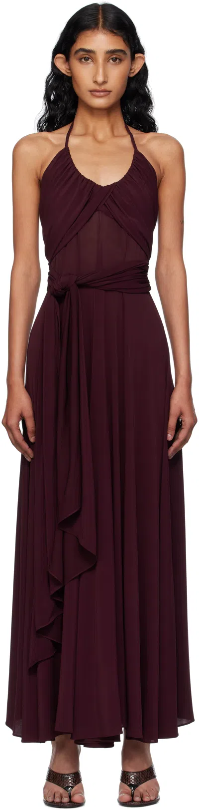 ALAÏA BURGUNDY SOFT JERSEY CROSS MAXI DRESS