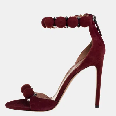 Pre-owned Alaïa Burgundy Suede Studded 'bombe' T-strap Ankle Cuff Sandals Size 39