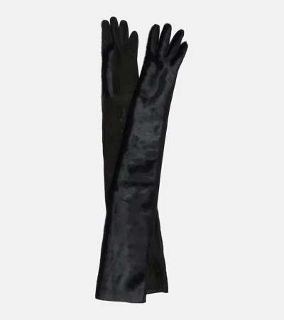 Alaïa Calf Hair And Suede Gloves In Black