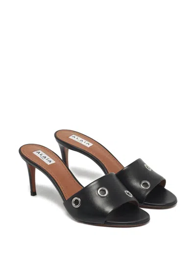 Pre-owned Alaïa Calf Leather Eyelet Slides In Black