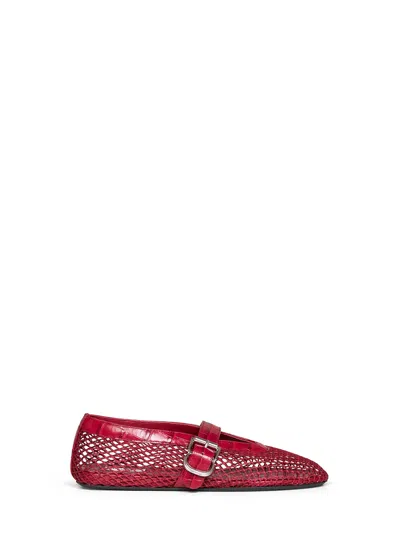 Alaïa Cherry Red Mesh And Crocodile-embossed Leather Ballet Flats