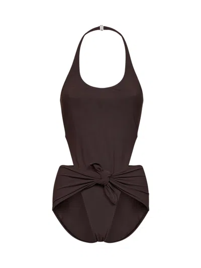Alaïa Chocolate Jersey One-piece Swimsuit With Knot And Cut-outs In Brown