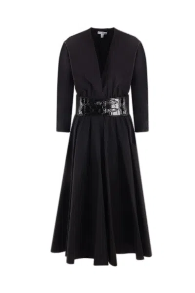 Alaïa Classic Black Poplin Dress With Crocodile Embossed Leather Belt