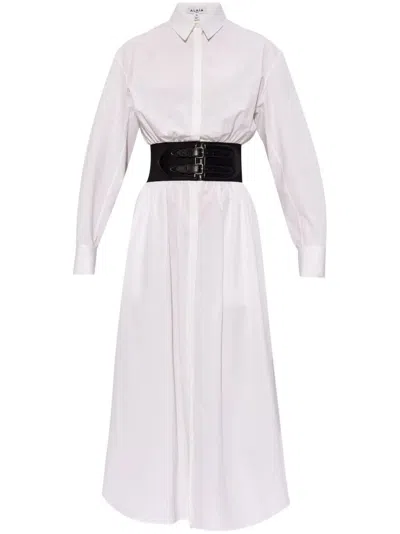 Alaïa Cotton Popeline Chemisier Dress With Belt In Gray