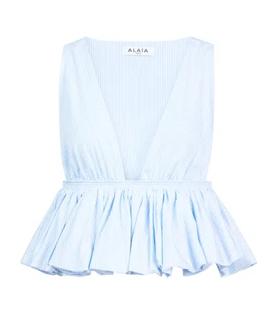 Alaïa Cotton Poplin Peplum Top In Blue