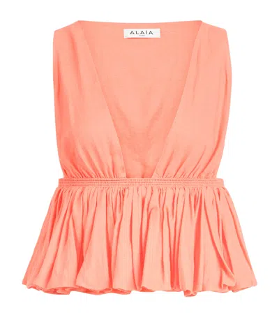 Alaïa Cotton-linen Peplum Top In Pink