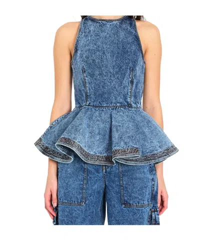 Alaïa Alaia Peplum Halterneck Top With Ruched Hem And Fitted Waist In Blue