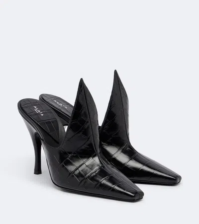 Alaïa Croc-effect Leather Mules In Black
