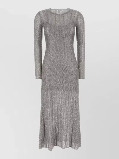 Alaïa Crochet Knit Dress Long Sleeves Midi In Gray