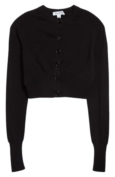 Alaïa Long-sleeve Merino Wool-blend Crop Cardigan In Noir Alaia