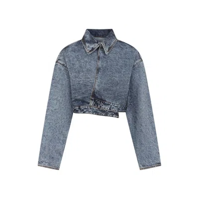Alaïa Cropped Denim Jacket With Classic Collar In Bleu Neige