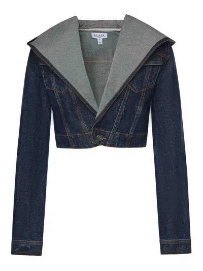Alaïa Cropped Denim Jacket With Hood In Blue