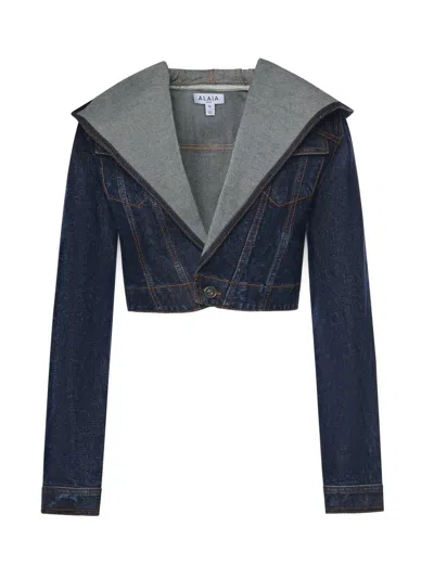 Alaïa Cropped Denim Jacket With Hood In Blue