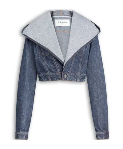 Alaïa Cropped Hooded Denim Jacket In Blue