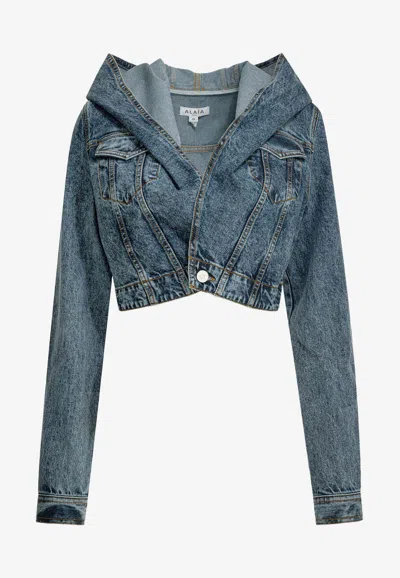 Alaïa Cropped Hooded Denim Jacket In Blue