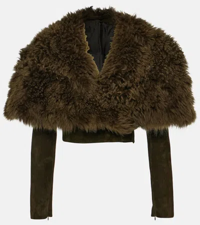 Alaïa Cropped Shearling And Suede Jacket In Green