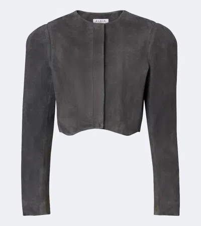 Alaïa Cropped Suede Jacket In Gray