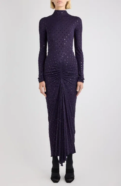 Alaïa Crystal Embellished Ruched Long Sleeve Jersey Dress In Purple