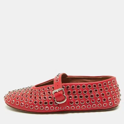 Pre-owned Alaïa Crystal Embellished Size 38 Red Leather Mary Jane Ballet Flats