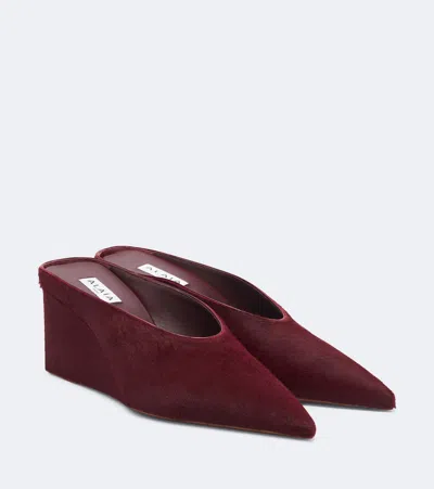 Alaïa Cube Calf Hair Wedge Mules In Burgundy