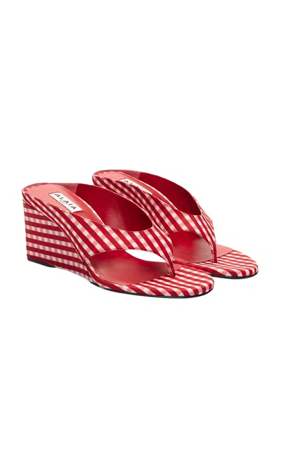 Alaïa Cube Gingham Thong Wedge Sandals In Animal Print