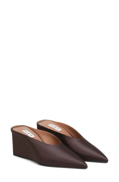 Alaïa Satin Wedge Mules In Marron Fonce