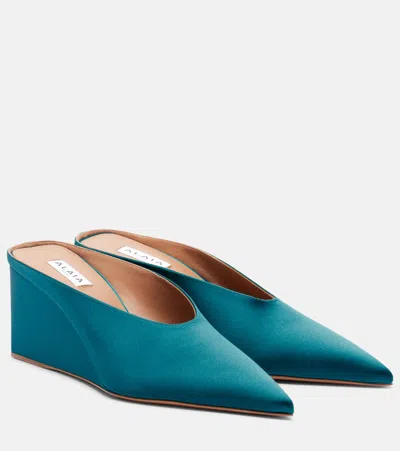 Alaïa Cube Satin Wedge Mules In Blue