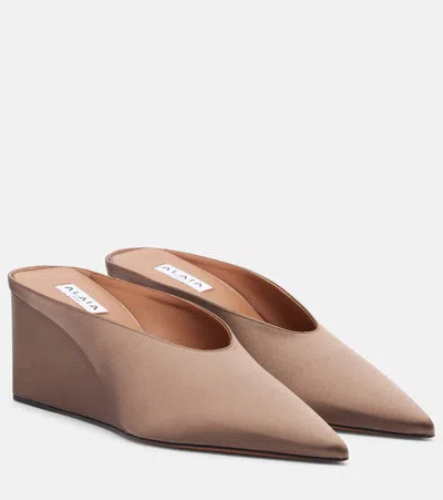Alaïa Cube Satin Wedge Mules In Brown
