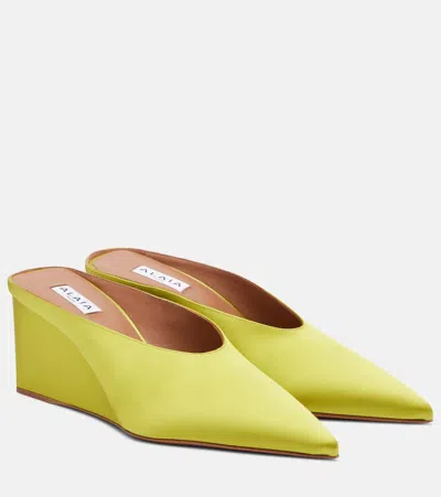 Alaïa Cube Satin Wedge Mules In Green