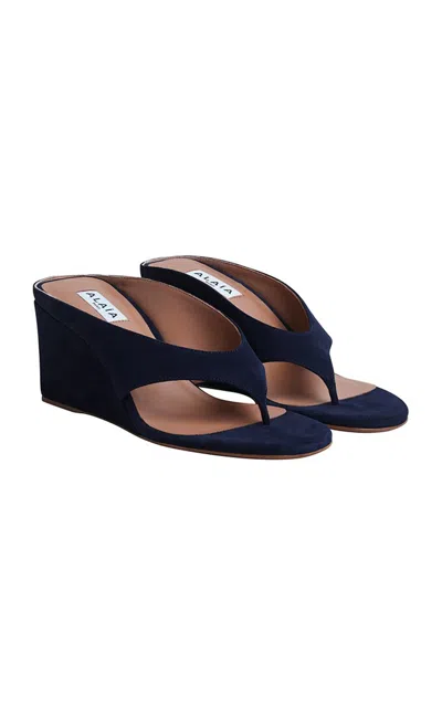 Alaïa Cube Suede Thong Wedge Sandals In Blue