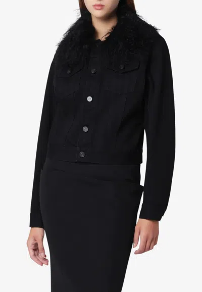 Alaïa Curly Faux Fur Collar Denim Jacket In Black