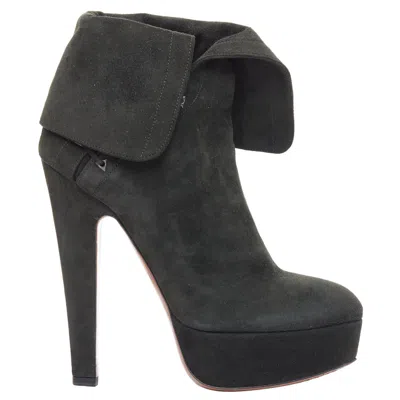 Pre-owned Alaïa Alaia Dark Green Suede Foldover Lace Up Side Cone Heel Booties Eu38