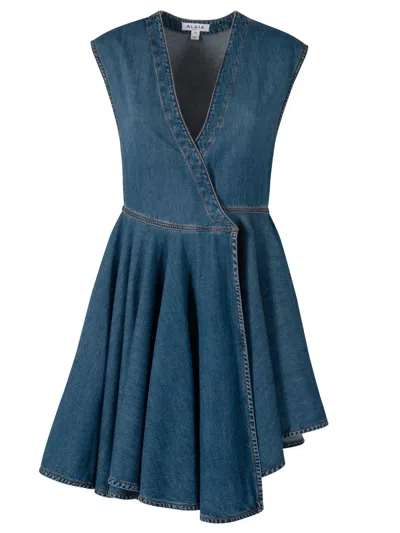 ALAÏA ALAIA DEEP STONE DENIM WRAP DRESS